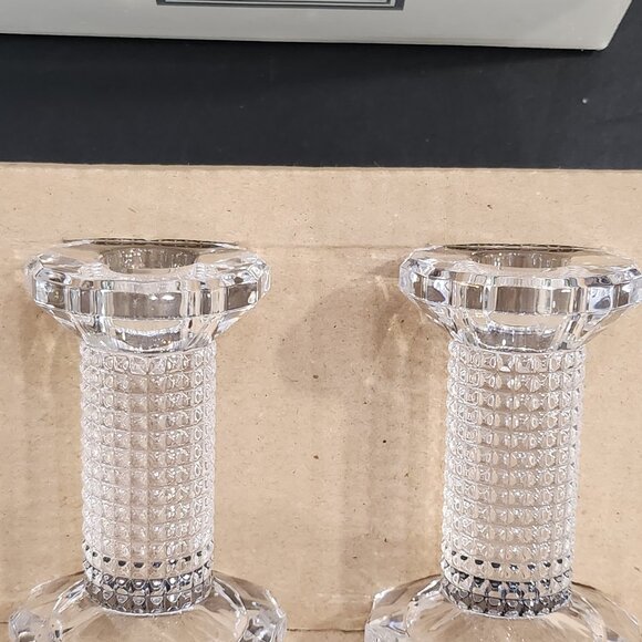 Modern Contemporary Mikasa Crystal Nob Hill Pillar Diamond Point Textured Pair 4 - Picture 4 of 9